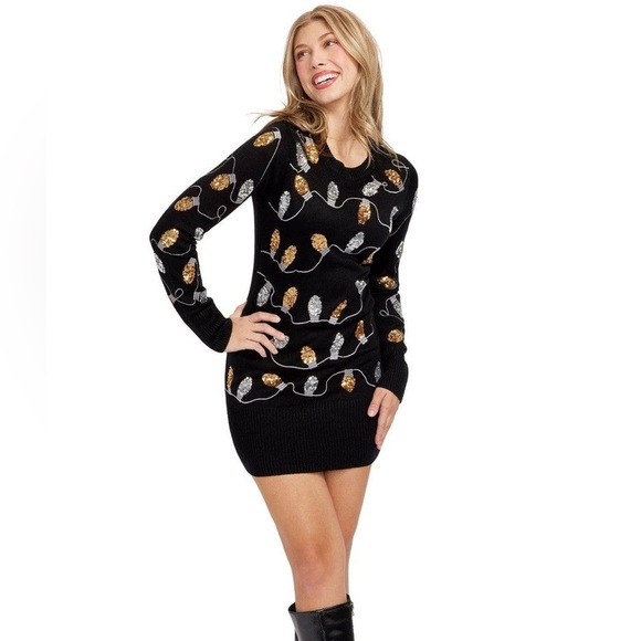 Tipsy Elves Dresses & Skirts - Tipsy Elves Women’s Black CHRISTMAS LIGHT STRAND SEQUIN SWEATER DRESS | NEW!!🖤🖤